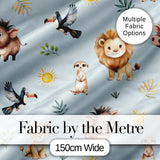 Cute Safari Animals Lion Meerkat Warthog with Sun and Leaves on Sage Green Digital Print Fabric by the Metre UK Sewing Quilting Textile