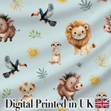 Cute Safari Animals Lion Meerkat Warthog with Sun and Leaves on Sage Green Digital Print Fabric by the Metre UK Sewing Quilting Textile