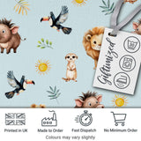 Cute Safari Animals Lion Meerkat Warthog with Sun and Leaves on Sage Green Digital Print Fabric by the Metre UK Sewing Quilting Textile