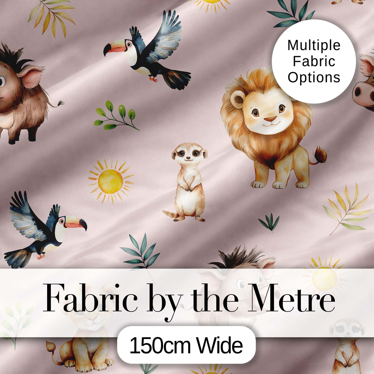 Cute Safari Animals Lion Meerkat, Warthog with Sun and Leaves on Mauve Pink Digital Print Fabric by the Metre UK Sewing Quilting Textile
