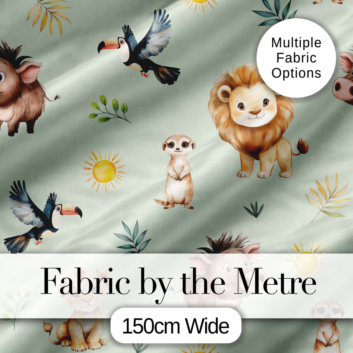 Cute Safari Animals Lion Meerkat Toucan and Warthog with Sun and Leaves on creamDigital Print Fabric by the Metre UK Sewing Quilting Textile