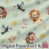 Cute Safari Animals Lion Meerkat Toucan and Warthog with Sun and Leaves on creamDigital Print Fabric by the Metre UK Sewing Quilting Textile
