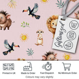 Cute Safari Animals Lion Meerkat Toucan and Warthog with Sun and Leaves on Pink Digital Print Fabric by the Metre UK Sewing Quilting Textile