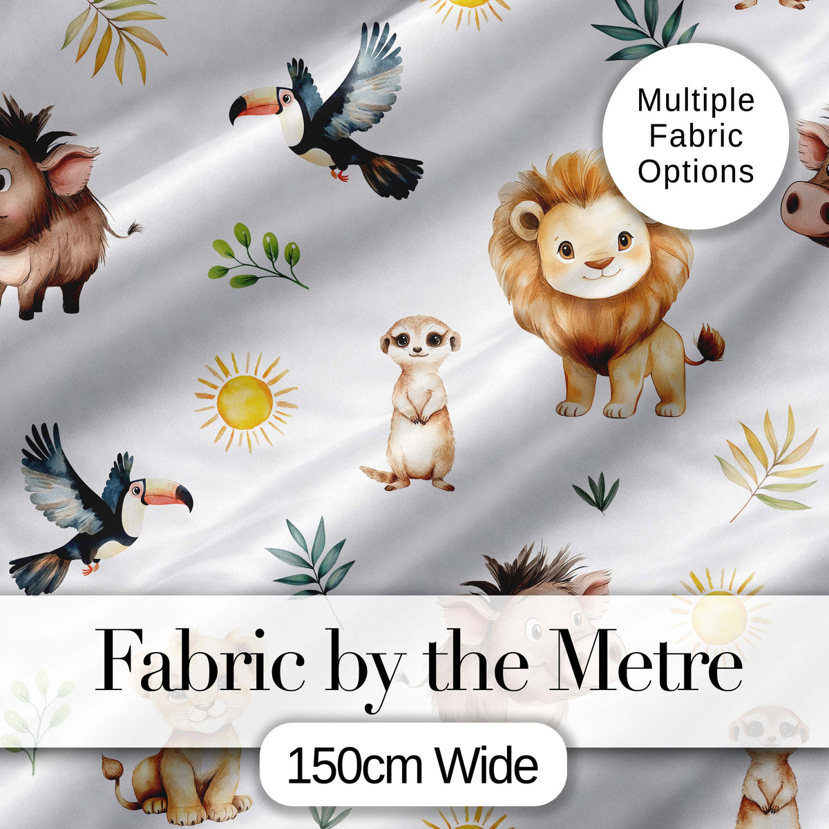 Cute Safari Animals Lion Meerkat Toucan and Warthog with Sun and Leaves on White Digital Print Fabric by the Metre UK Sewing Quilting Textile