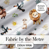 Cute Safari Animals Lion Meerkat Toucan and Warthog with Sun and Leaves on White Digital Print Fabric by the Metre UK Sewing Quilting Textile