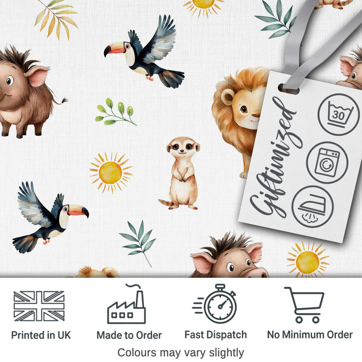 Cute Safari Animals Lion Meerkat Toucan and Warthog with Sun and Leaves on White Digital Print Fabric by the Metre UK Sewing Quilting Textile