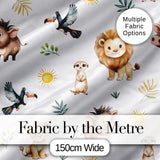 Cute Safari Animals Lion Meerkat Toucan and Warthog with Sun and Leaves on Plain Digital Print Fabric by the Metre UK Sewing Quilting Textile