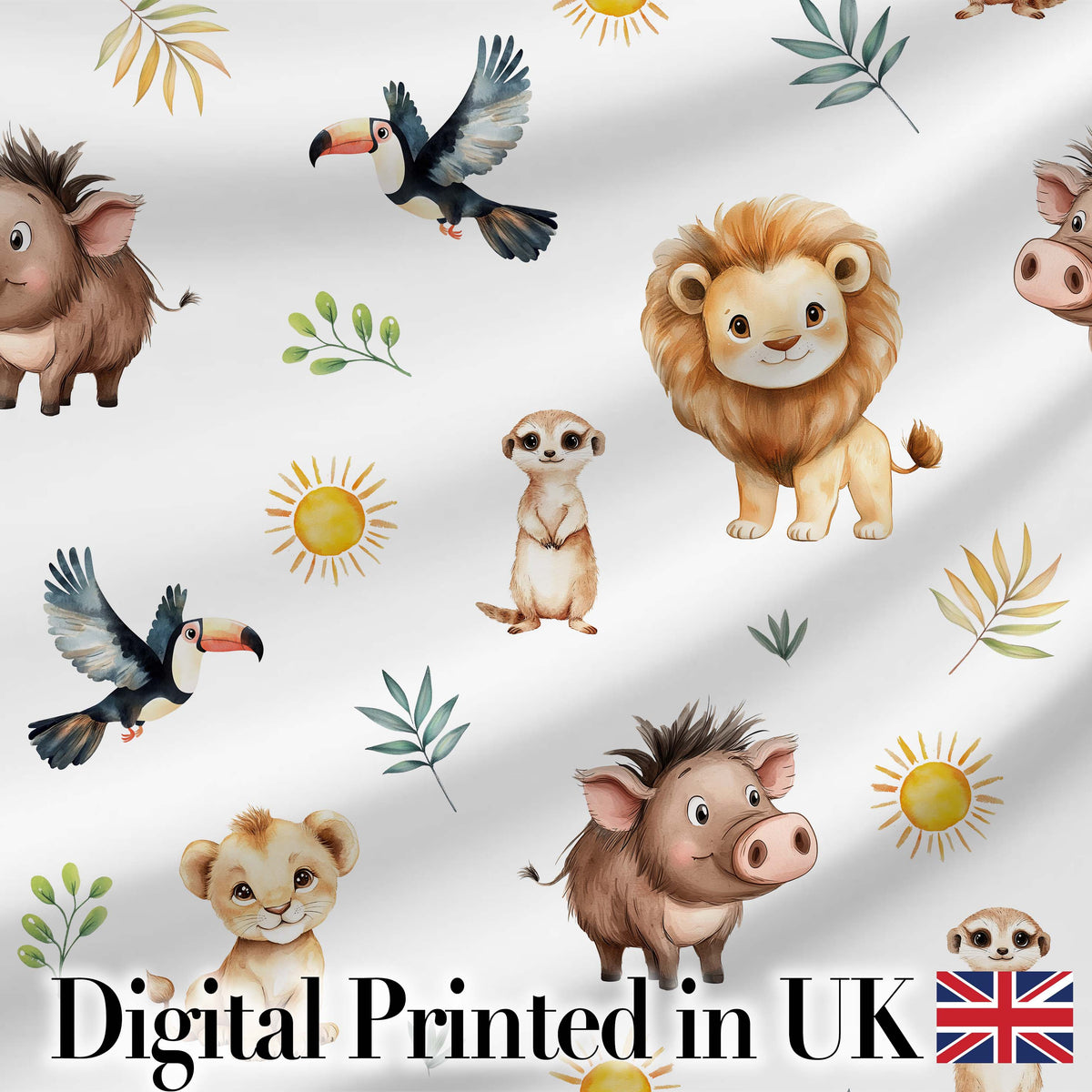 Cute Safari Animals Lion Meerkat Toucan and Warthog with Sun and Leaves on Plain Digital Print Fabric by the Metre UK Sewing Quilting Textile