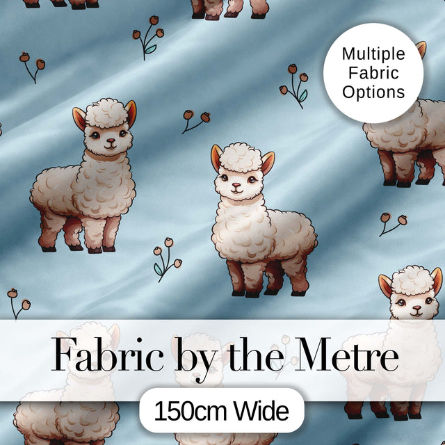 Cute Alpaca Llama Pattern with Floral Sprigs on Soft Blue Background Digital Print Fabric by the Metre UK Sewing Quilting Textile