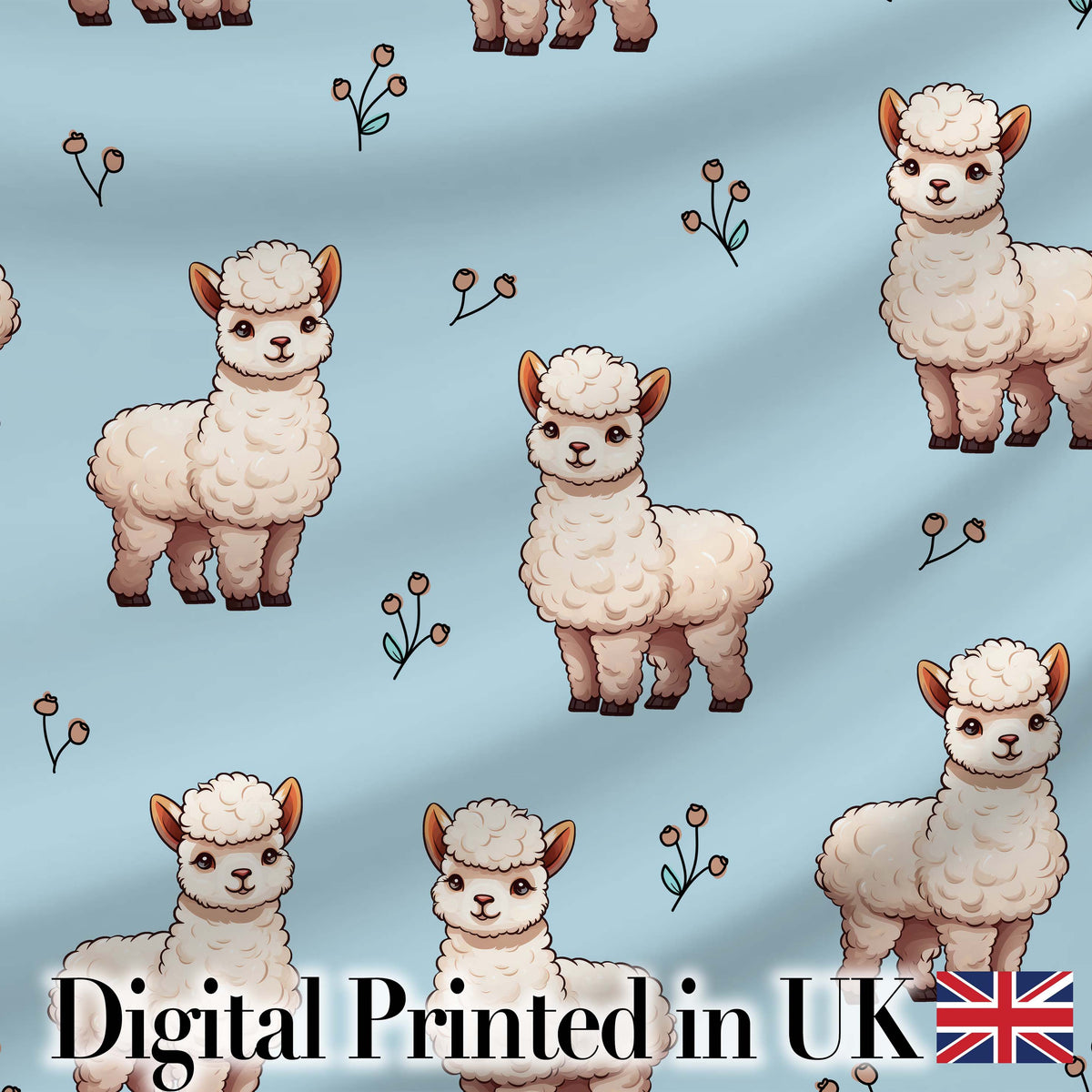 Cute Alpaca Llama Pattern with Floral Sprigs on Soft Blue Background Digital Print Fabric by the Metre UK Sewing Quilting Textile