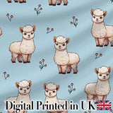 Cute Alpaca Llama Pattern with Floral Sprigs on Soft Blue Background Digital Print Fabric by the Metre UK Sewing Quilting Textile