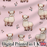 Cute Alpaca Llama Pattern with Floral Sprigs on Soft Pink Background Digital Print Fabric by the Metre UK Sewing Quilting Textile