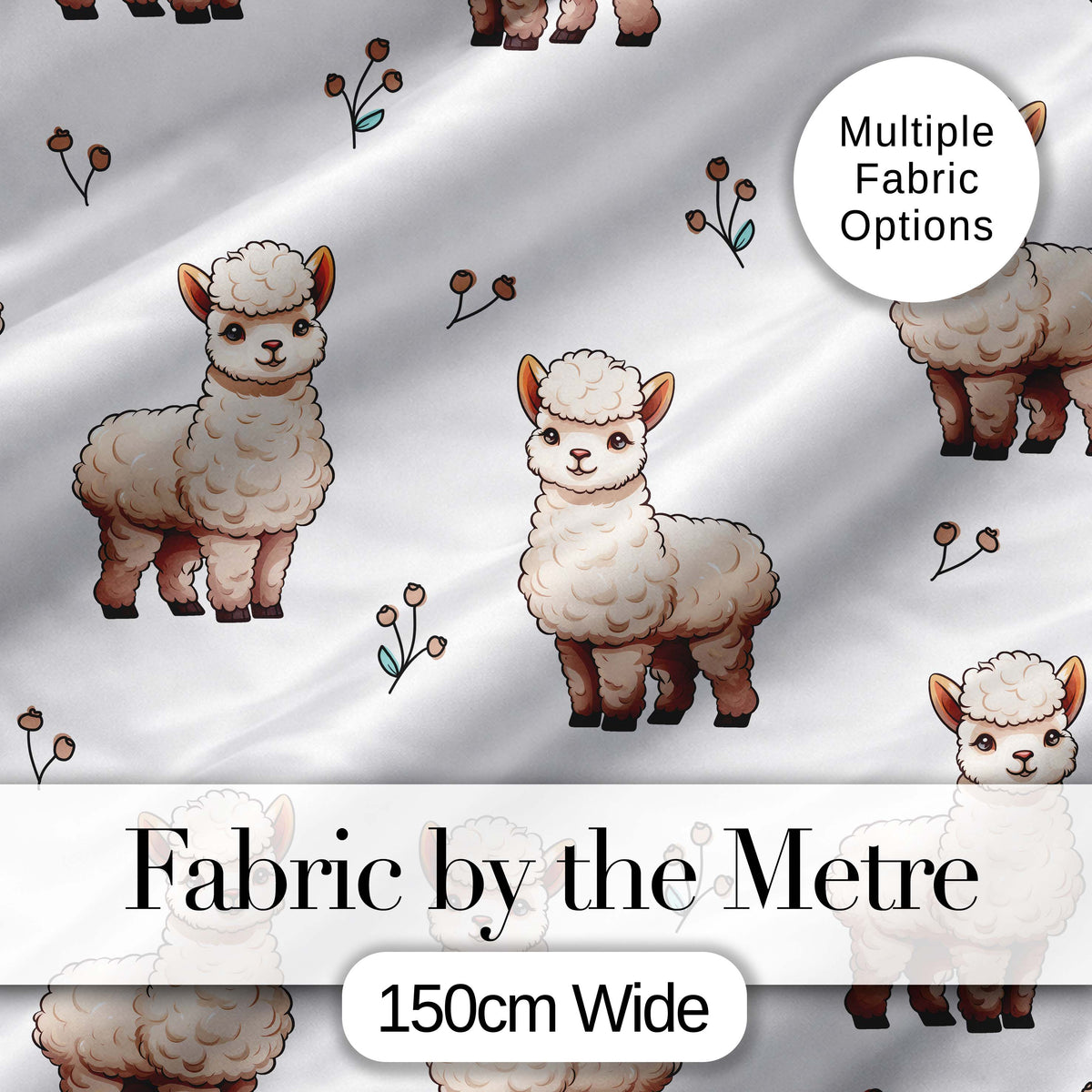 Cute Alpaca Llama Pattern with Floral Sprigs on Grey Background Digital Print Fabric by the Metre UK Sewing Quilting Textile