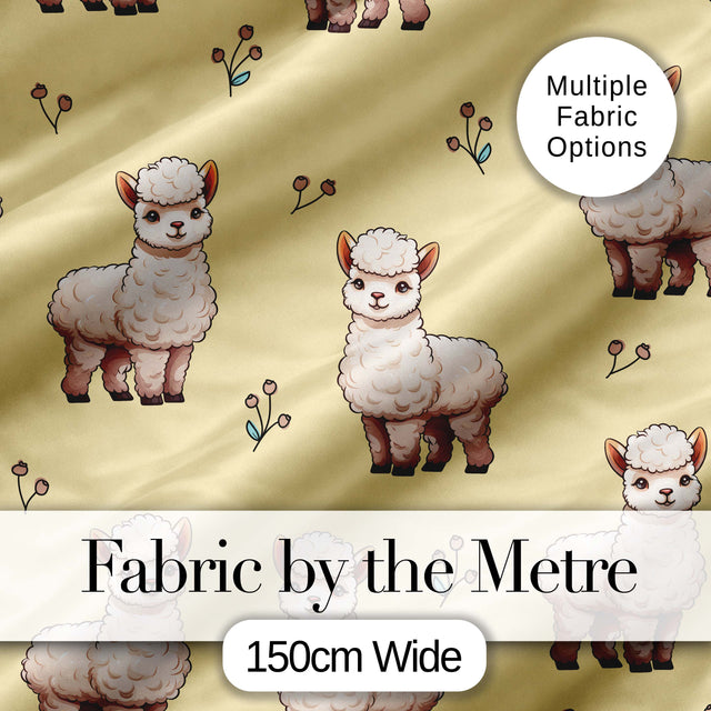 Cute Alpaca Llama Pattern with Floral Sprigs on Yellow Background Digital Print Fabric by the Metre UK Sewing Quilting Textile