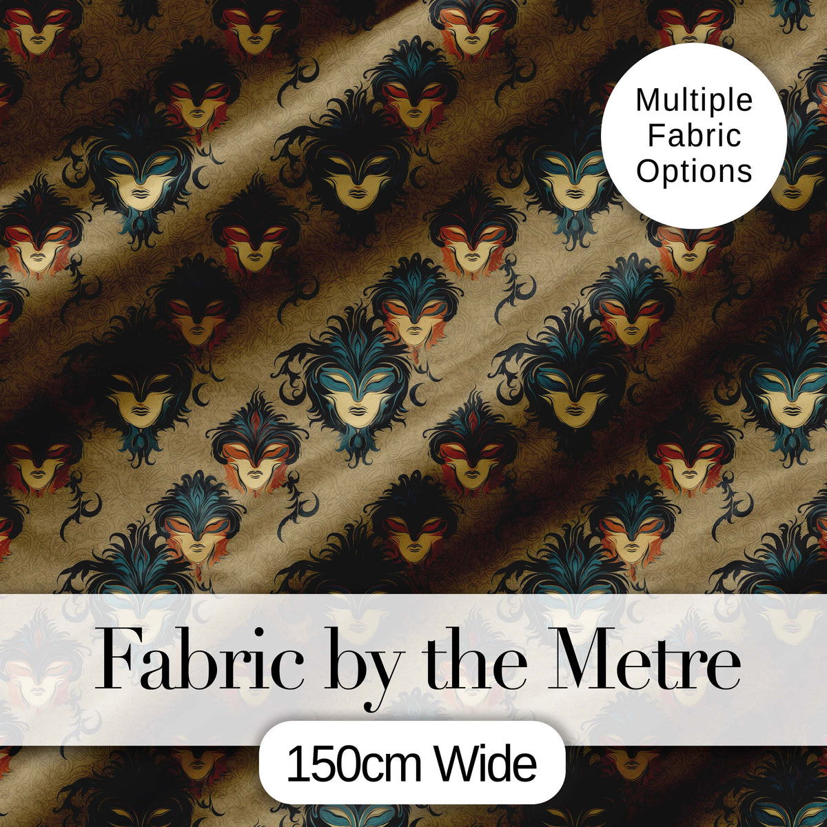 Luxurious Venetian Masquerade Mask Pattern with Gold and Jewel Tones on Black Digital Print Fabric by the Metre UK Sewing Quilting Textile
