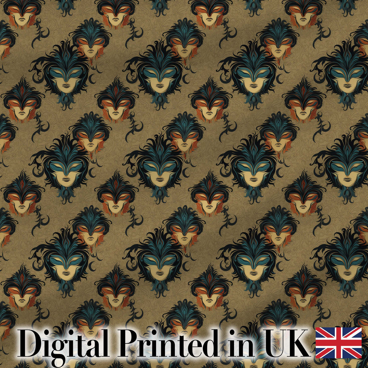 Luxurious Venetian Masquerade Mask Pattern with Gold and Jewel Tones on Black Digital Print Fabric by the Metre UK Sewing Quilting Textile