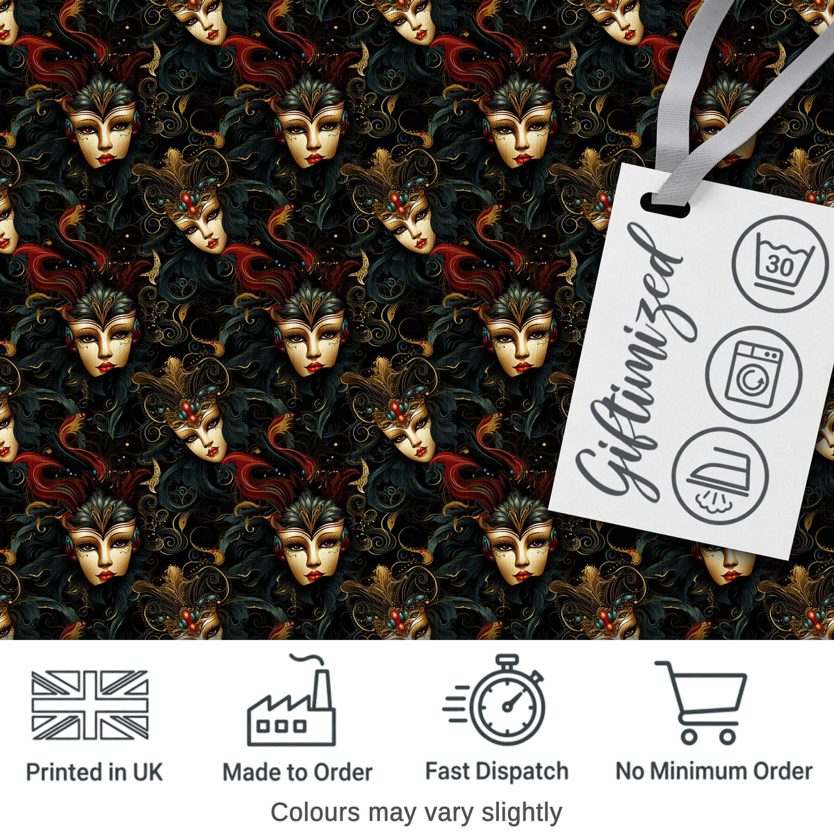 Art Nouveau Style Mask Pattern with Flowing Hair and Decorative Elements Digital Print Fabric by the Metre UK Sewing Quilting Textile