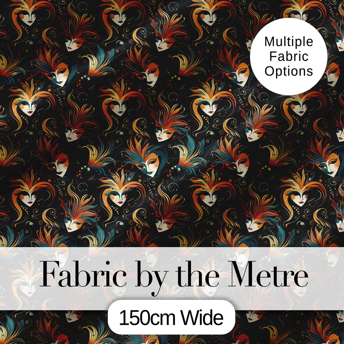 Stylised Fantasy Mask Pattern with Flowing Hair in Warm Orange and Teal Tones Digital Print Fabric by the Metre UK Sewing Quilting Textile