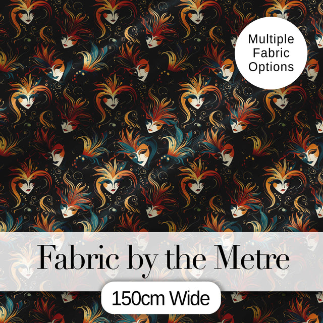 Stylised Fantasy Mask Pattern with Flowing Hair in Warm Orange and Teal Tones Digital Print Fabric by the Metre UK Sewing Quilting Textile