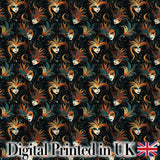Stylised Fantasy Mask Pattern with Flowing Hair in Warm Orange and Teal Tones Digital Print Fabric by the Metre UK Sewing Quilting Textile