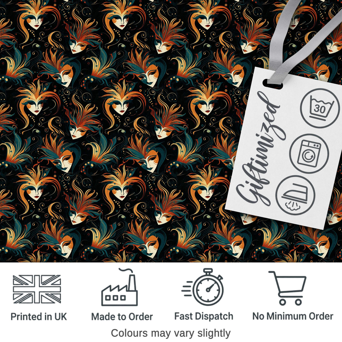 Stylised Fantasy Mask Pattern with Flowing Hair in Warm Orange and Teal Tones Digital Print Fabric by the Metre UK Sewing Quilting Textile
