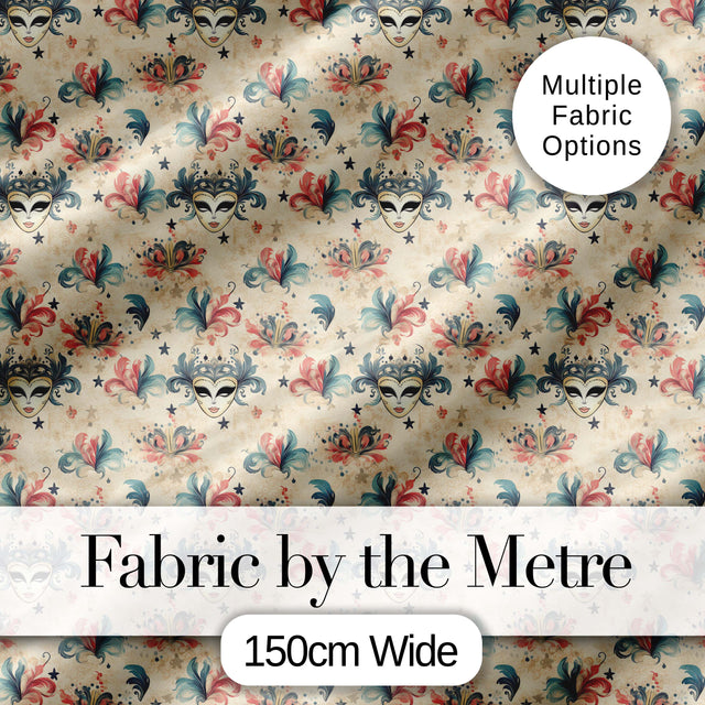 Vintage Venetian Carnival Masks with Soft Feathers and Stars Seamless Pattern Digital Print Fabric by the Metre UK Sewing Quilting Textile