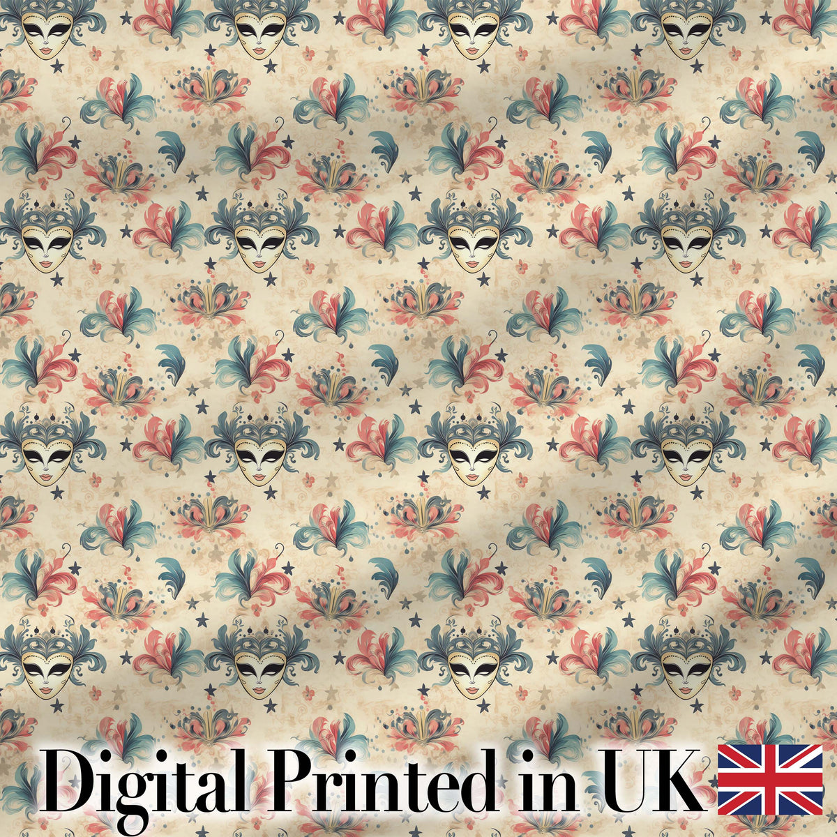 Vintage Venetian Carnival Masks with Soft Feathers and Stars Seamless Pattern Digital Print Fabric by the Metre UK Sewing Quilting Textile
