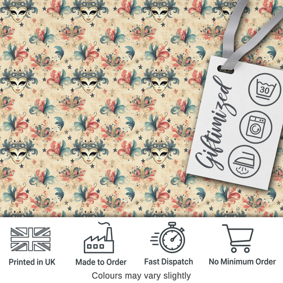 Vintage Venetian Carnival Masks with Soft Feathers and Stars Seamless Pattern Digital Print Fabric by the Metre UK Sewing Quilting Textile