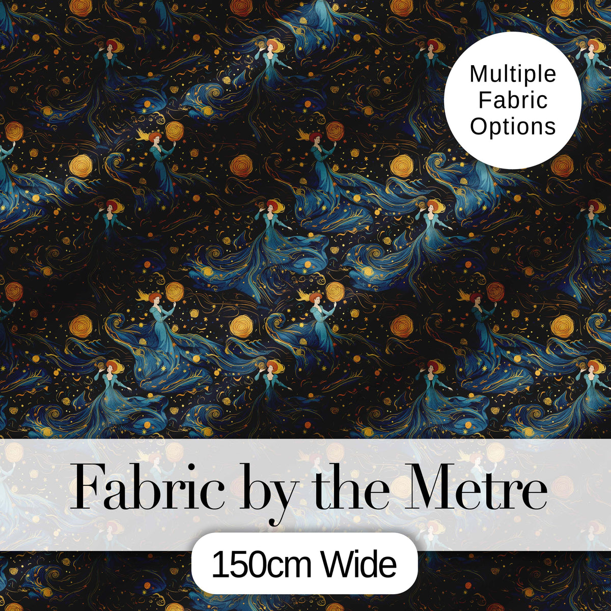 Celestial Goddess in Flowing Blue Dress with Stars and Golden   Digital Print Fabric by the Metre UK Sewing Quilting Textile