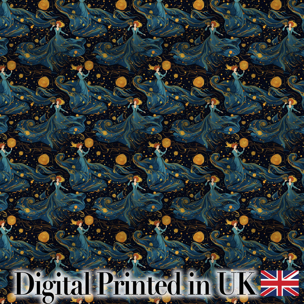 Celestial Goddess in Flowing Blue Dress with Stars and Golden   Digital Print Fabric by the Metre UK Sewing Quilting Textile