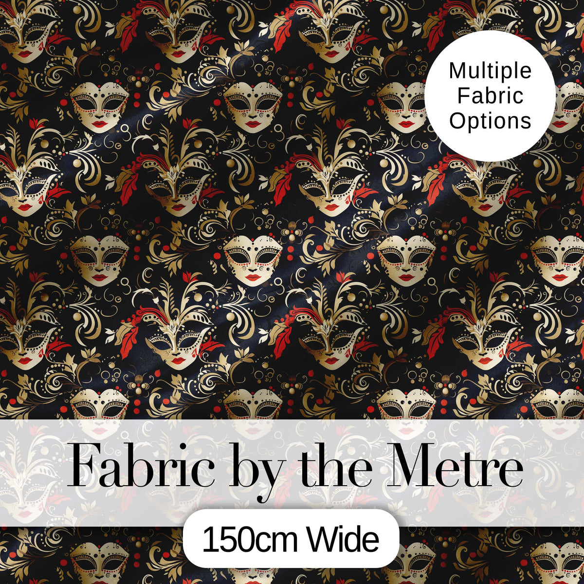 Luxurious Black Gold and Red Venetian Masks with Ornate Swirls Seamless Pattern Digital Print Fabric by the Metre UK Sewing Quilting Textile
