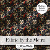 Luxurious Black Gold and Red Venetian Masks with Ornate Swirls Seamless Pattern Digital Print Fabric by the Metre UK Sewing Quilting Textile