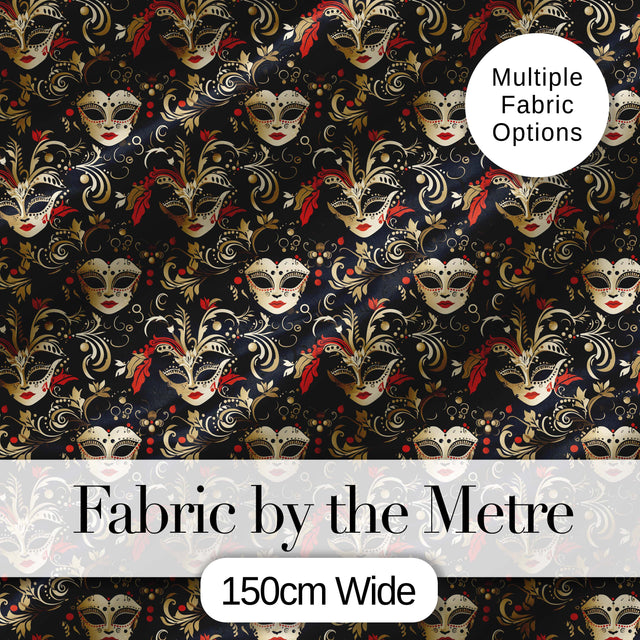 Luxurious Black Gold and Red Venetian Masks with Ornate Swirls Seamless Pattern Digital Print Fabric by the Metre UK Sewing Quilting Textile