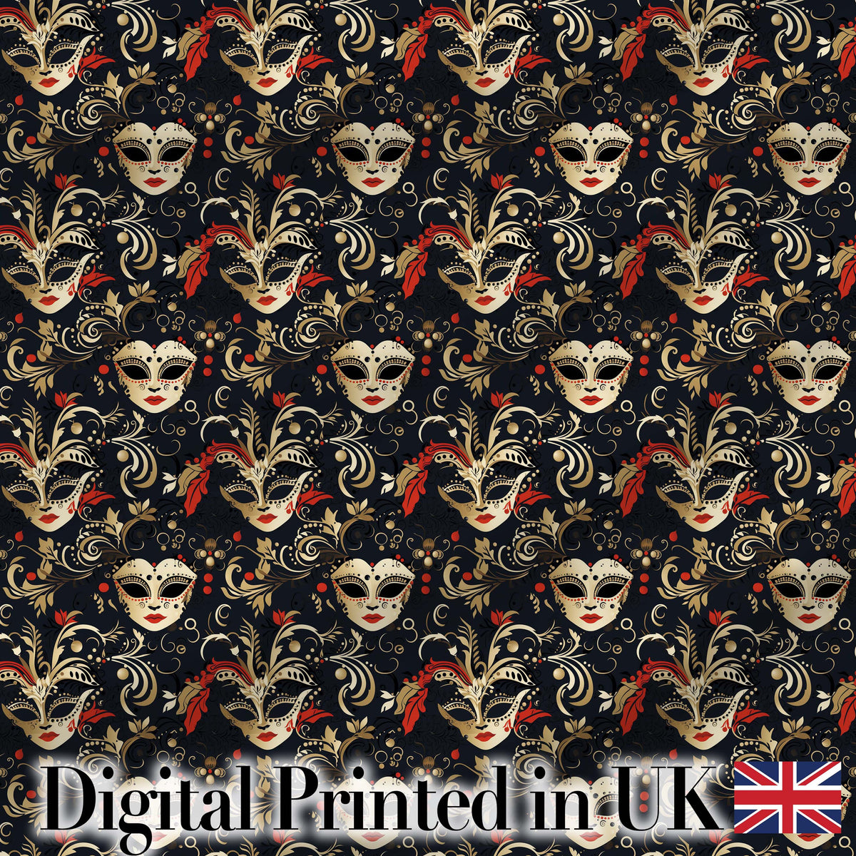 Luxurious Black Gold and Red Venetian Masks with Ornate Swirls Seamless Pattern Digital Print Fabric by the Metre UK Sewing Quilting Textile