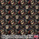 Luxurious Black Gold and Red Venetian Masks with Ornate Swirls Seamless Pattern Digital Print Fabric by the Metre UK Sewing Quilting Textile