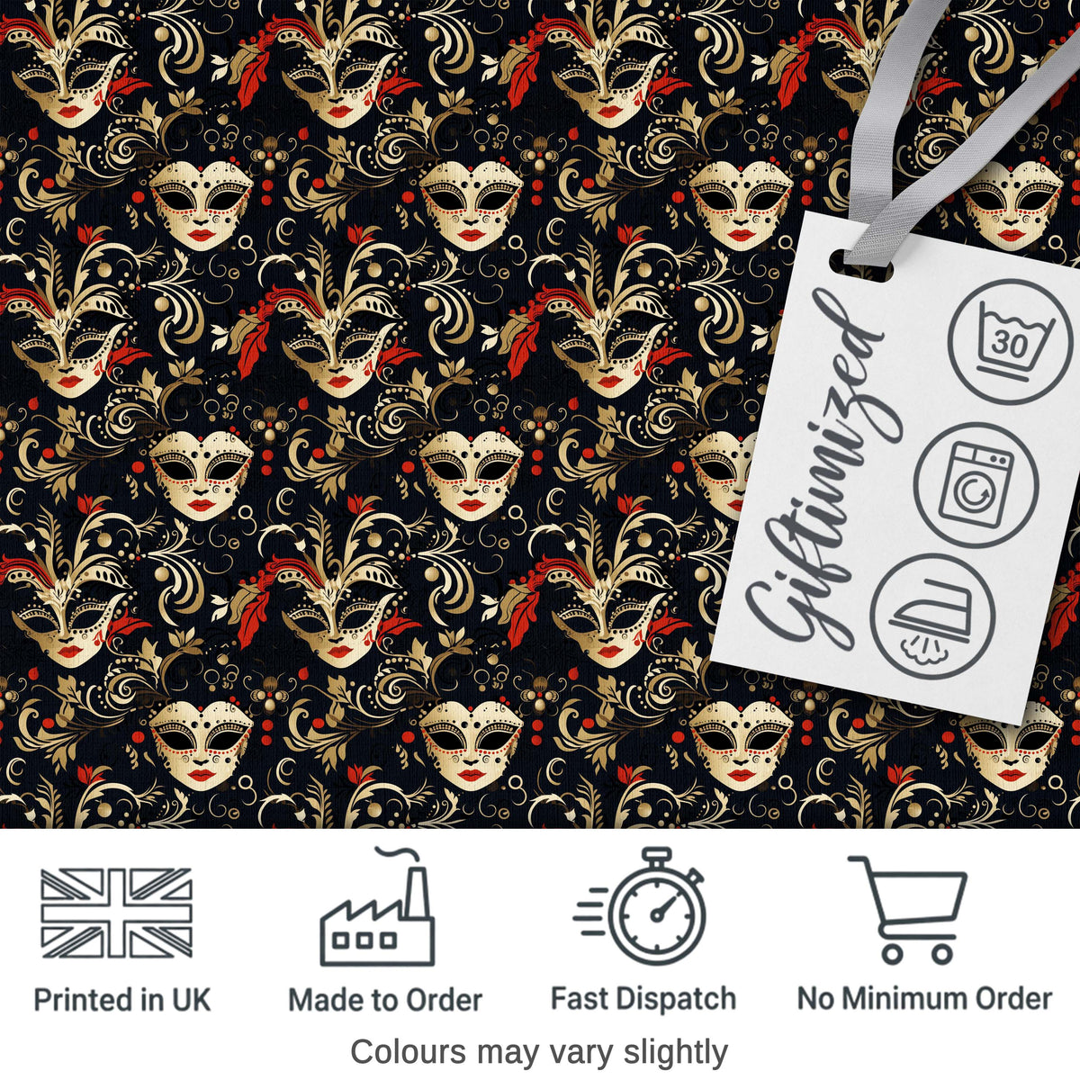 Luxurious Black Gold and Red Venetian Masks with Ornate Swirls Seamless Pattern Digital Print Fabric by the Metre UK Sewing Quilting Textile