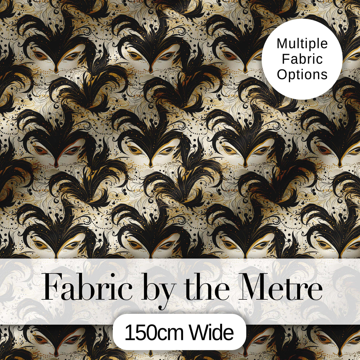 Ornate Black and Gold Feathered Mask Design with Abstract Flourishes Seamless Digital Print Fabric by the Metre UK Sewing Quilting Textile