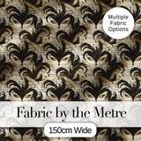 Ornate Black and Gold Feathered Mask Design with Abstract Flourishes Seamless Digital Print Fabric by the Metre UK Sewing Quilting Textile