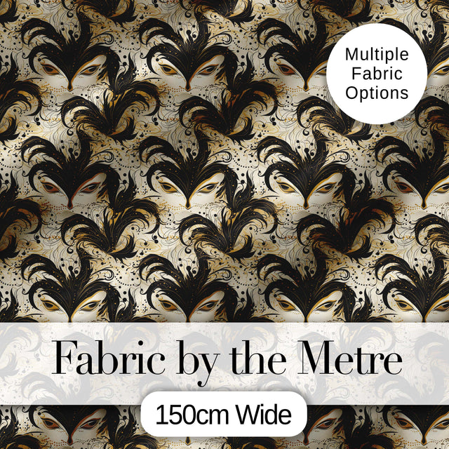 Ornate Black and Gold Feathered Mask Design with Abstract Flourishes Seamless Digital Print Fabric by the Metre UK Sewing Quilting Textile