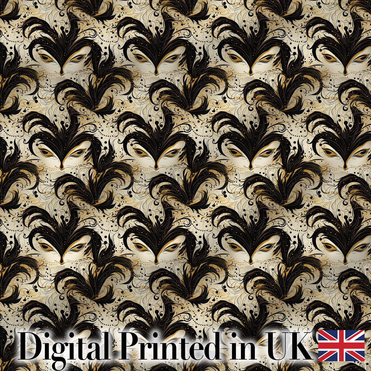 Ornate Black and Gold Feathered Mask Design with Abstract Flourishes Seamless Digital Print Fabric by the Metre UK Sewing Quilting Textile