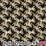 Ornate Black and Gold Feathered Mask Design with Abstract Flourishes Seamless Digital Print Fabric by the Metre UK Sewing Quilting Textile