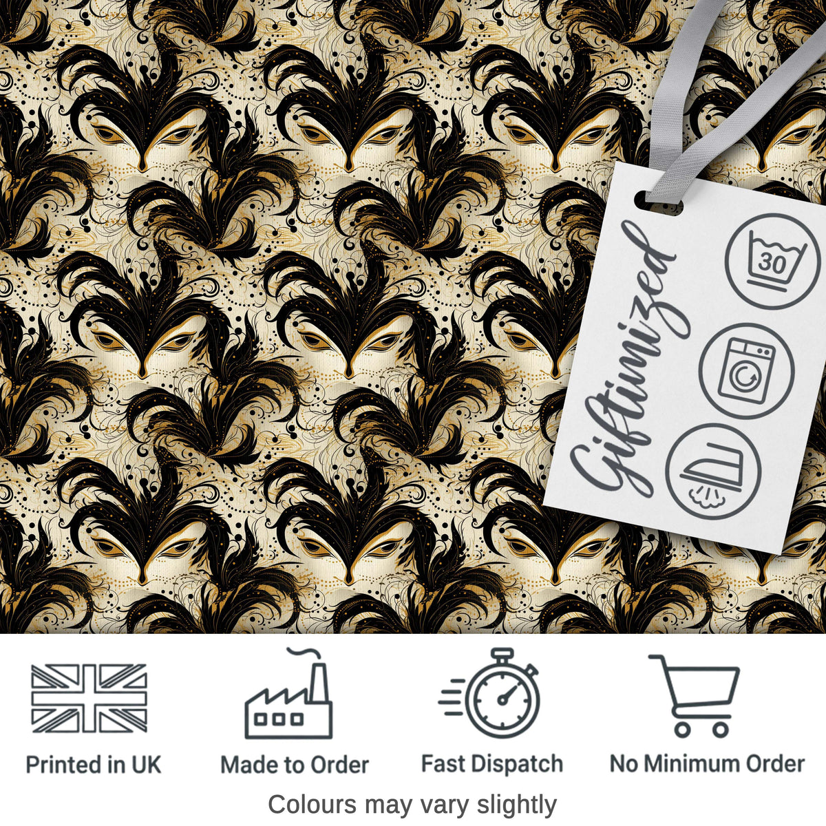 Ornate Black and Gold Feathered Mask Design with Abstract Flourishes Seamless Digital Print Fabric by the Metre UK Sewing Quilting Textile