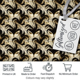 Ornate Black and Gold Feathered Mask Design with Abstract Flourishes Seamless Digital Print Fabric by the Metre UK Sewing Quilting Textile