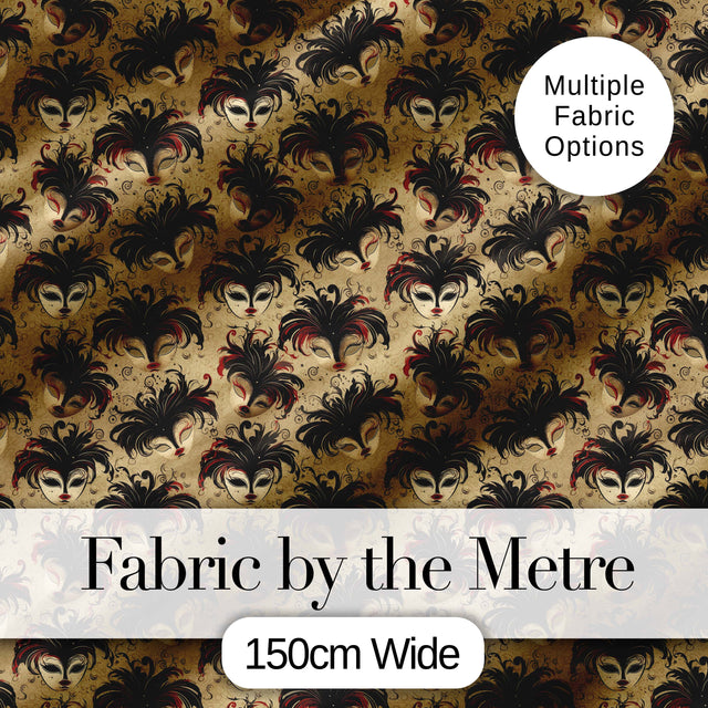 Vintage Red and Black Feathered Masks on Antique Background Seamless Pattern Digital Print Fabric by the Metre UK Sewing Quilting Textile