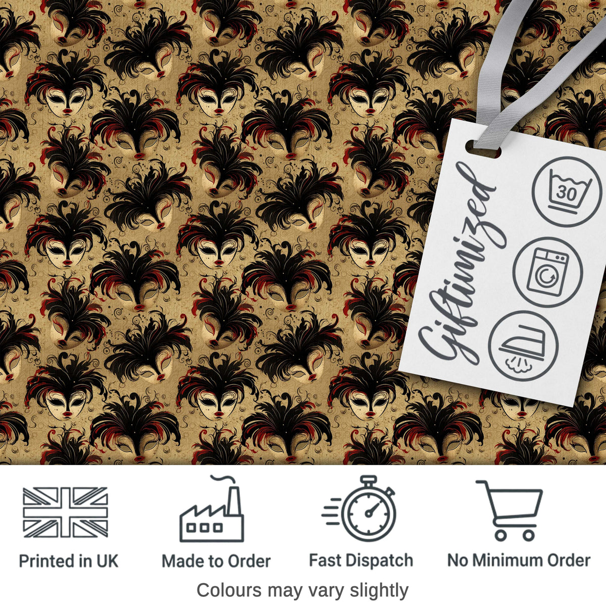 Vintage Red and Black Feathered Masks on Antique Background Seamless Pattern Digital Print Fabric by the Metre UK Sewing Quilting Textile