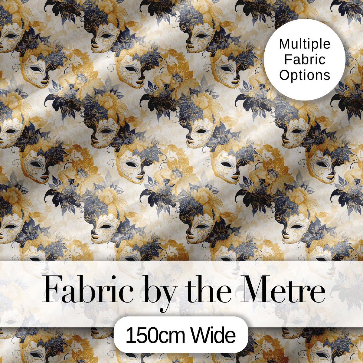 Soft Blue and Gold Floral Mask Design with Elegant Details Seamless Pattern Digital Print Fabric by the Metre UK Sewing Quilting Textile