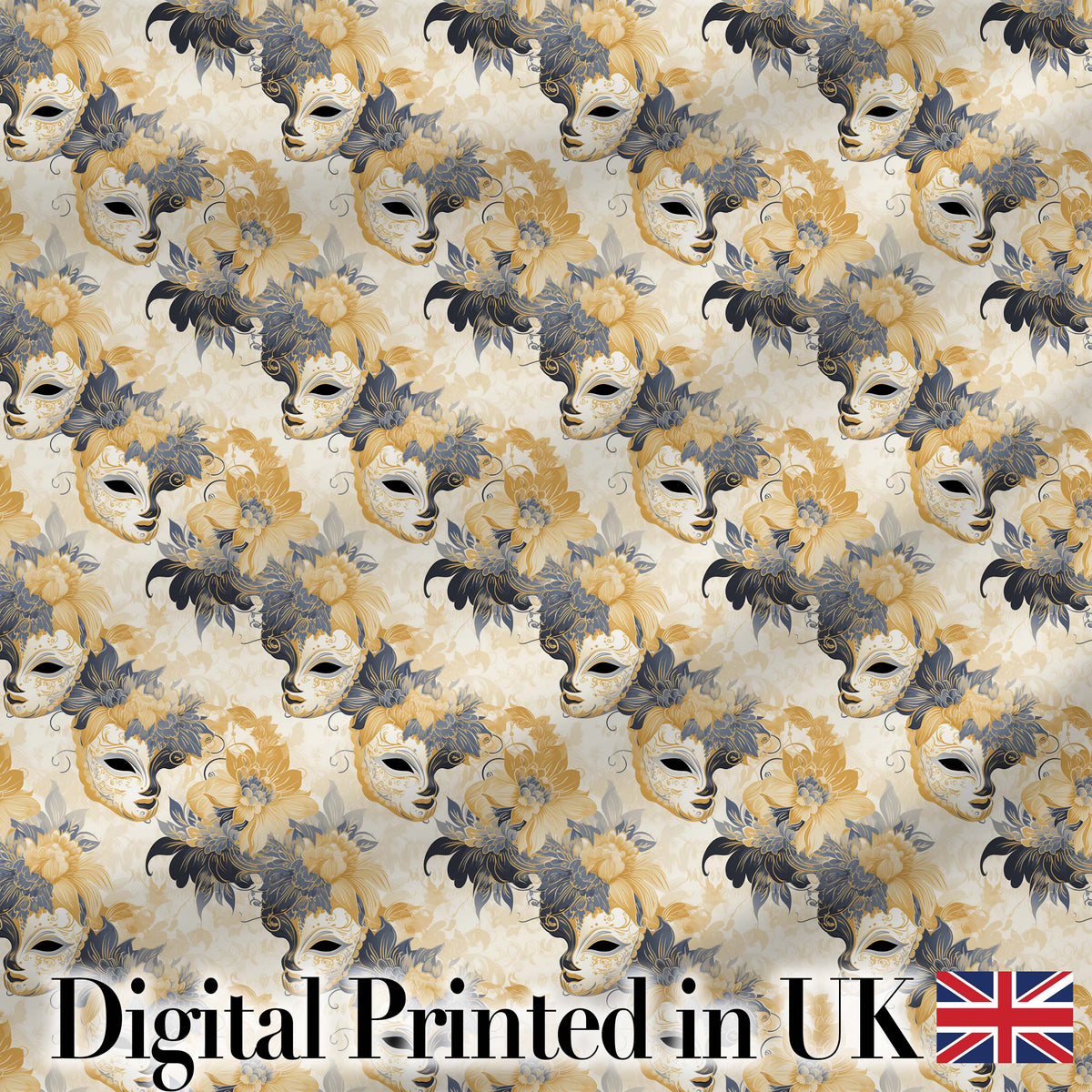Soft Blue and Gold Floral Mask Design with Elegant Details Seamless Pattern Digital Print Fabric by the Metre UK Sewing Quilting Textile