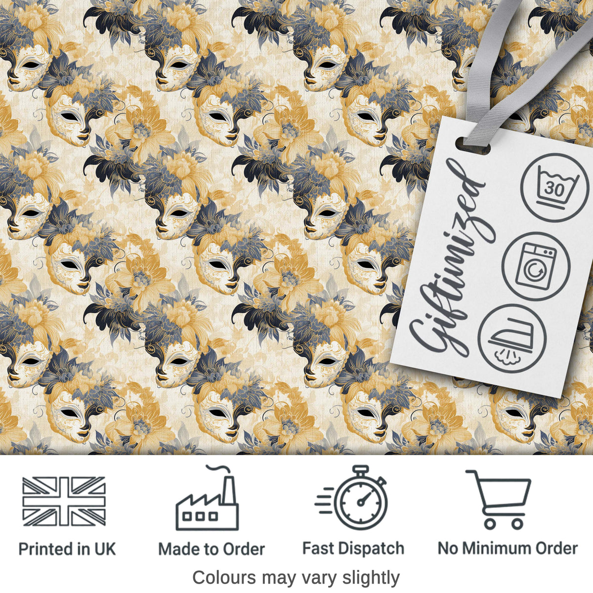Soft Blue and Gold Floral Mask Design with Elegant Details Seamless Pattern Digital Print Fabric by the Metre UK Sewing Quilting Textile