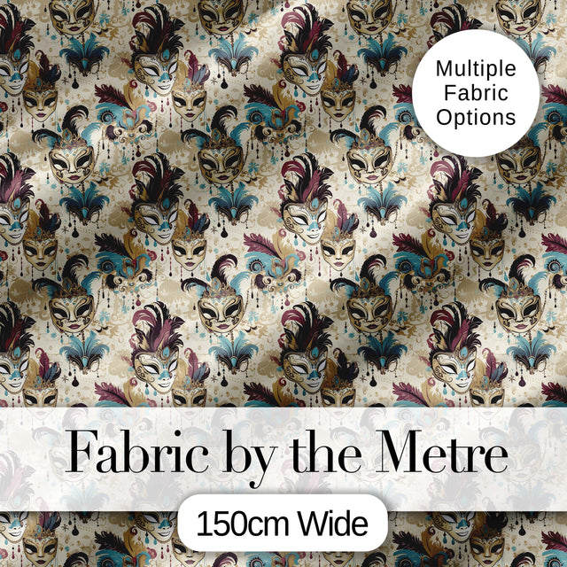 Gold and Black Stylised Venetian Masks in Repeating Pattern Seamless Digital Print Fabric by the Metre UK Sewing Quilting Textile