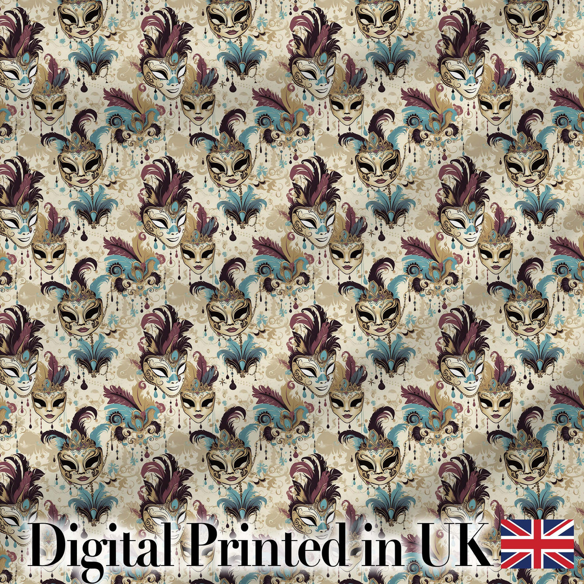 Gold and Black Stylised Venetian Masks in Repeating Pattern Seamless Digital Print Fabric by the Metre UK Sewing Quilting Textile